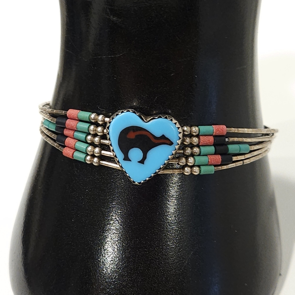 Vintage Southwestern Turquoise Sterling Liquid Silver Bear Heart Stone Bracelet